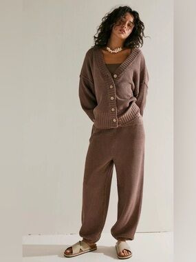 Free people beach waffle knit jogger- Chocolate Brown